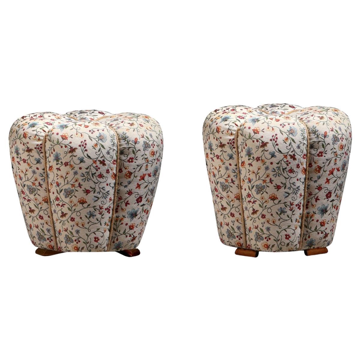 Jindřich Halabala Pair of Art Deco Stools in Floral Fabric, 1930s
