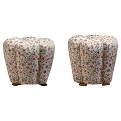 Jindřich Halabala Pair of Art Deco Stools in Floral Fabric, 1930s