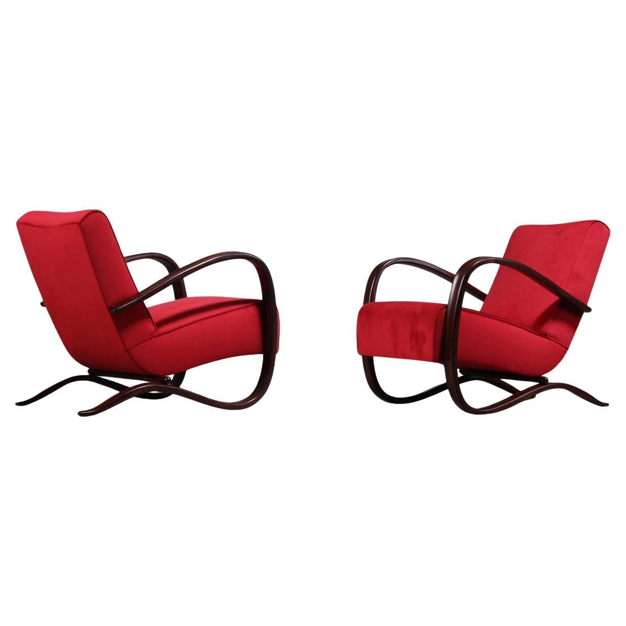 Jindřich Halabala Pair of 
H-269
 Armchairs in Beech and Fabric, 1930s For Sale