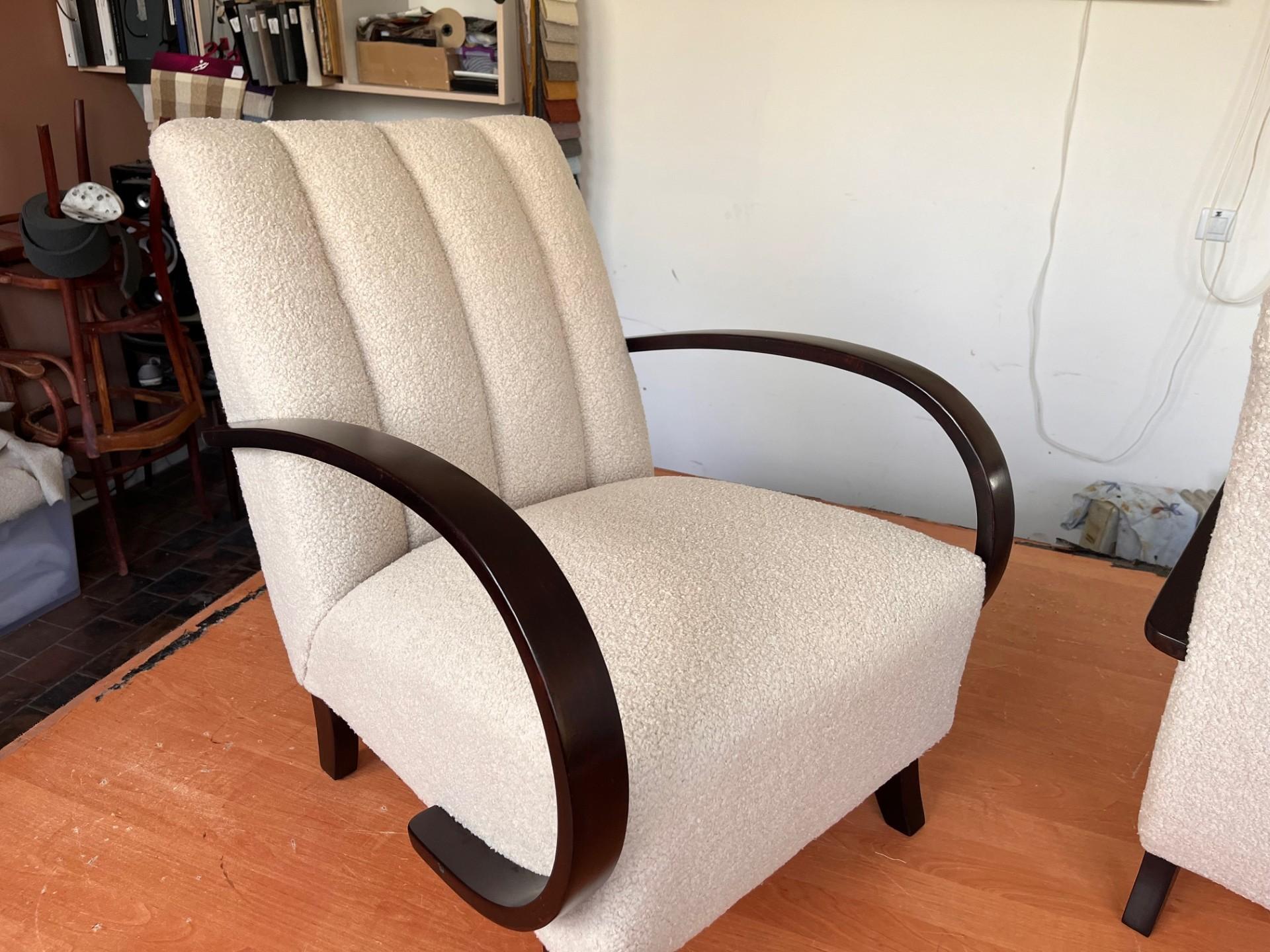 European Jindrich Halabala pair of Restored Armchairs in Boucle Fabric