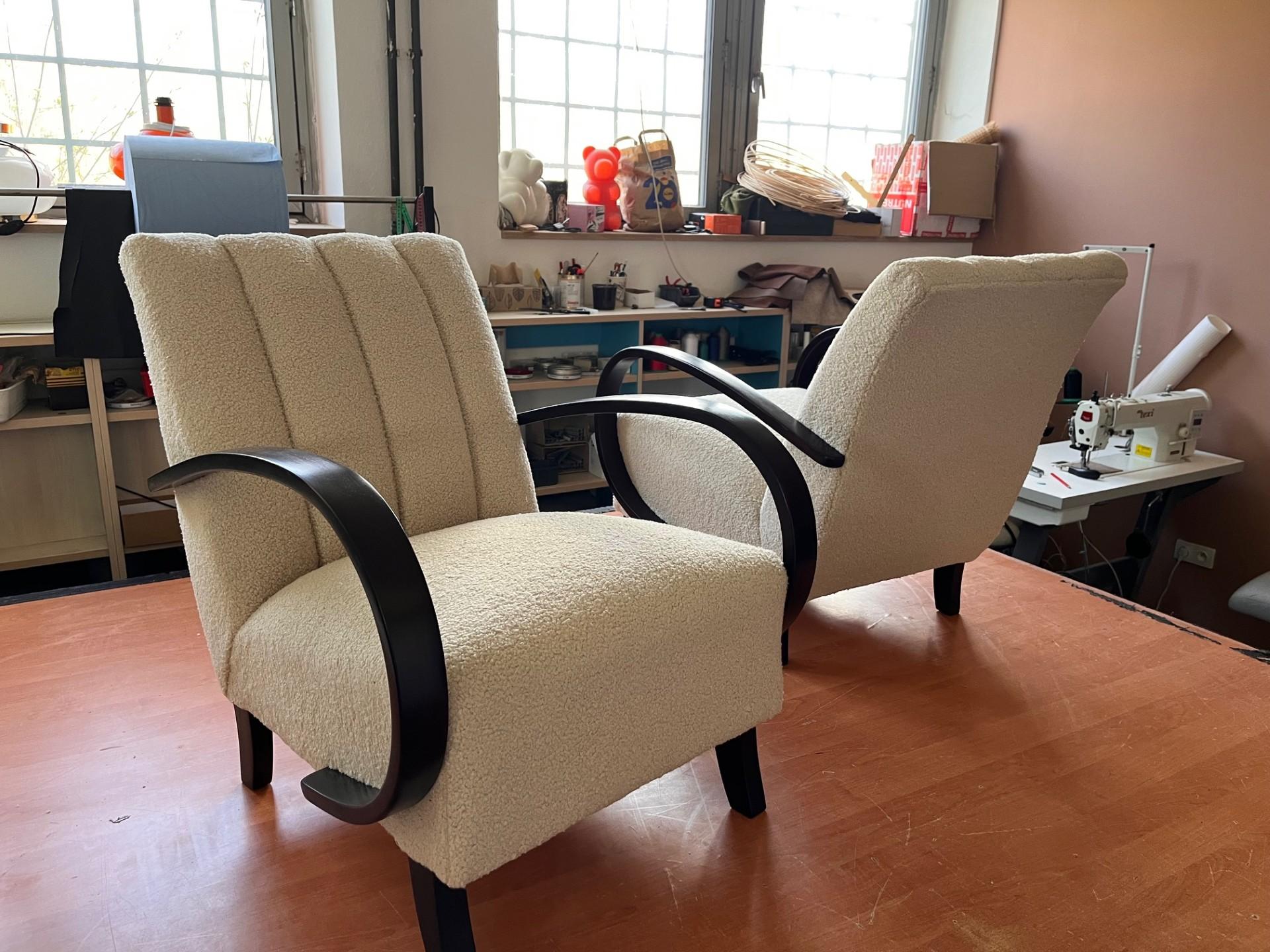 Mid-20th Century Jindrich Halabala pair of Restored Armchairs in Boucle Fabric