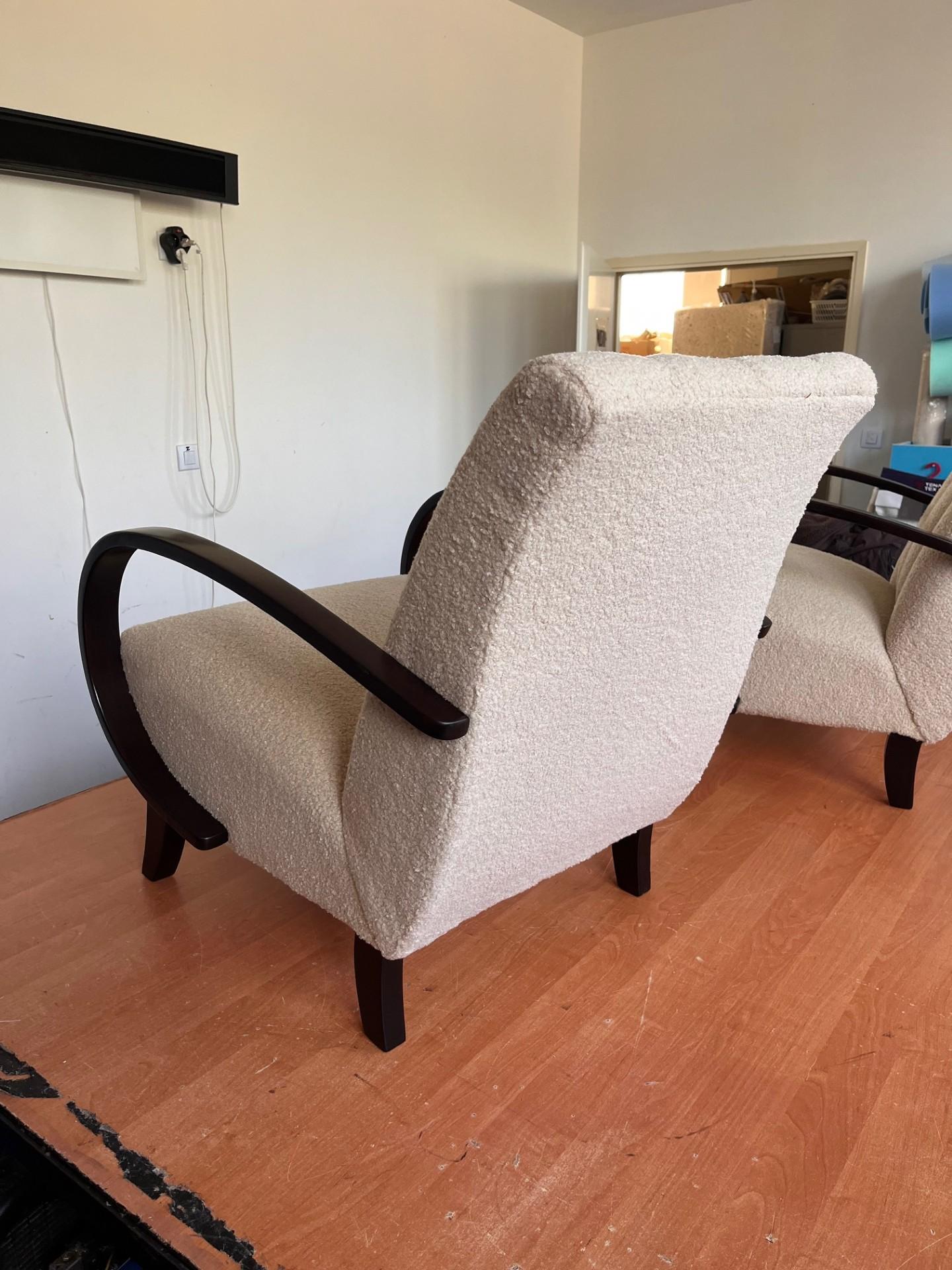 Jindrich Halabala pair of Restored Armchairs in Boucle Fabric 1