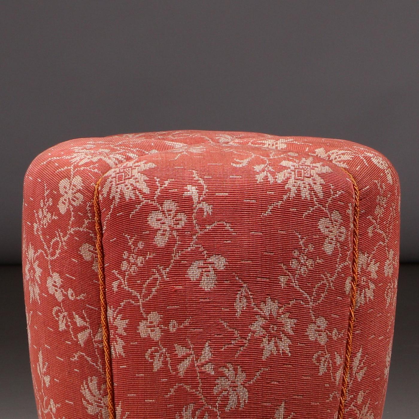 Art Deco Jindřich Halabala Pair of Stools in Coral Floral Fabric, 1930s For Sale