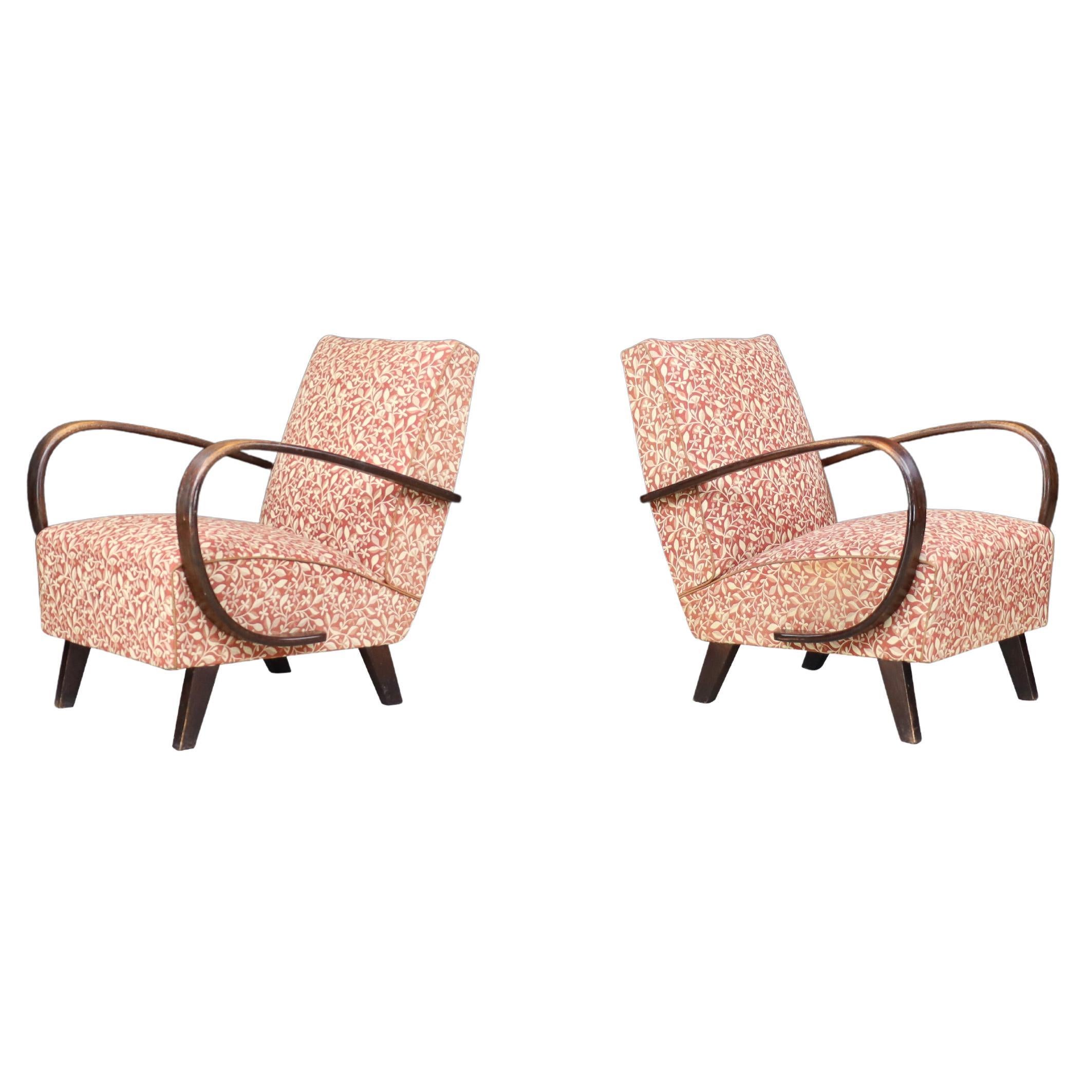 Jindrich Halabala Patinated Bentwood Armchairs with Original Upholstery, 1940s