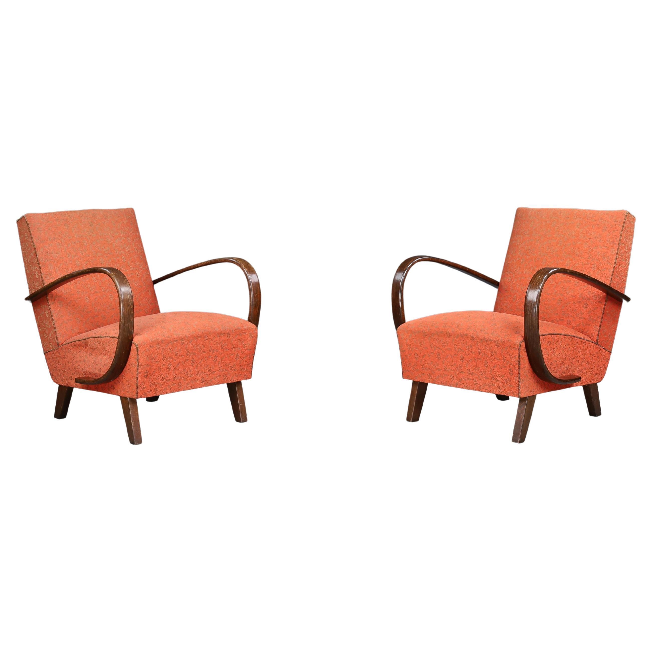 Jindrich Halabala Patinated Bentwood Armchairs with Original Upholstery, 1940s