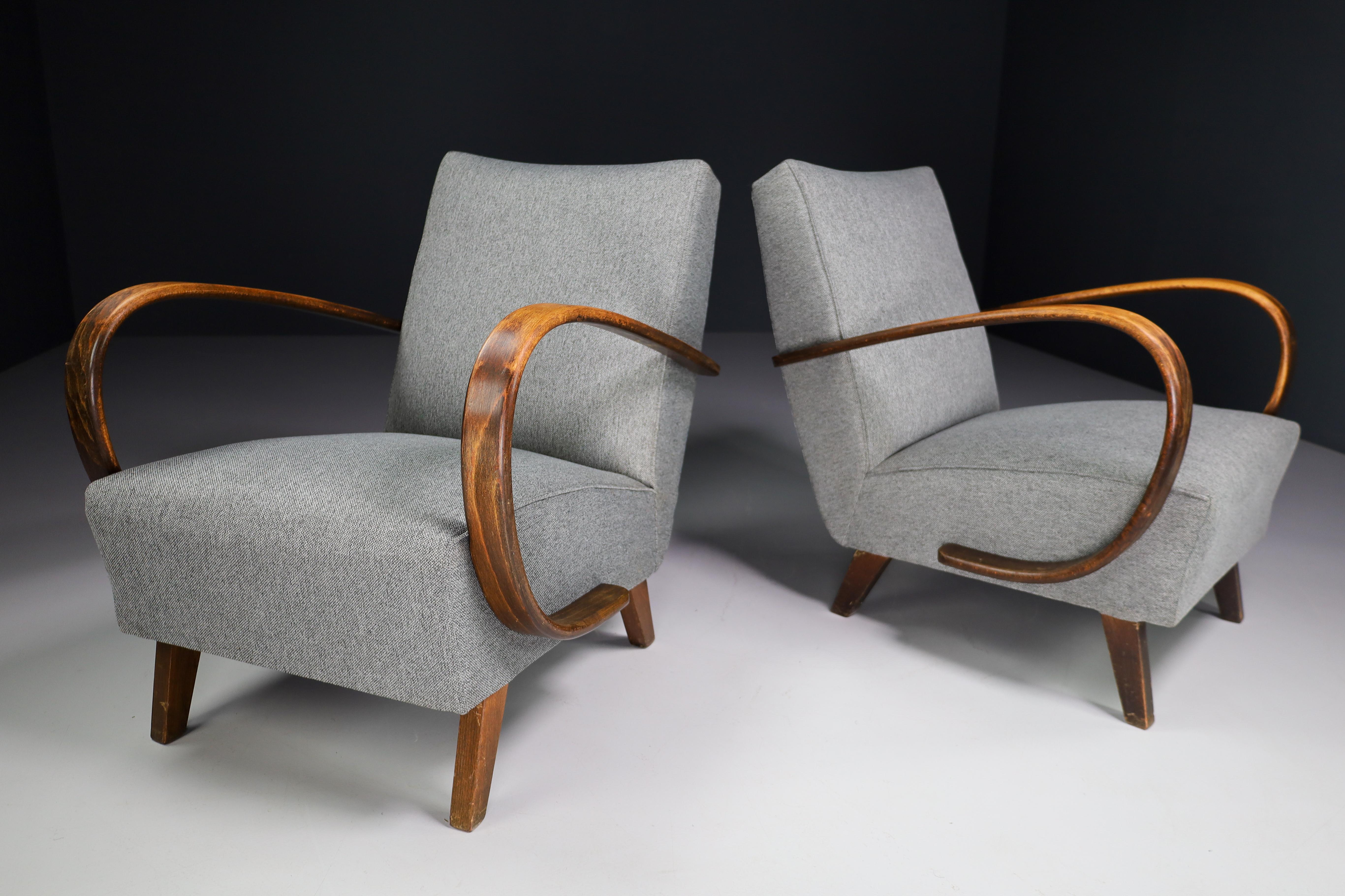 Art Deco Jindrich Halabala Re-Upholstered Patinated Bentwood Armchairs