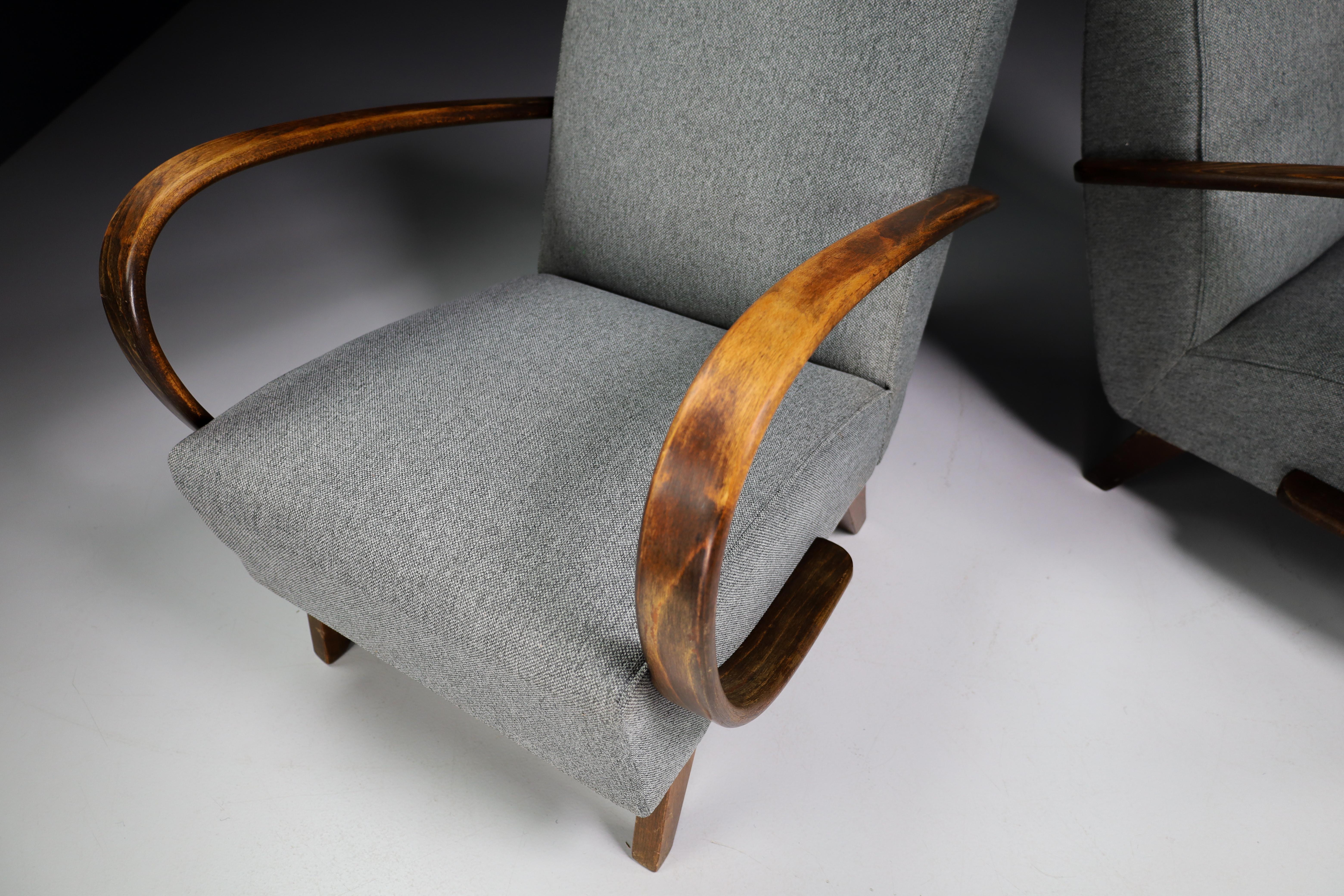 Czech Jindrich Halabala Re-Upholstered Patinated Bentwood Armchairs