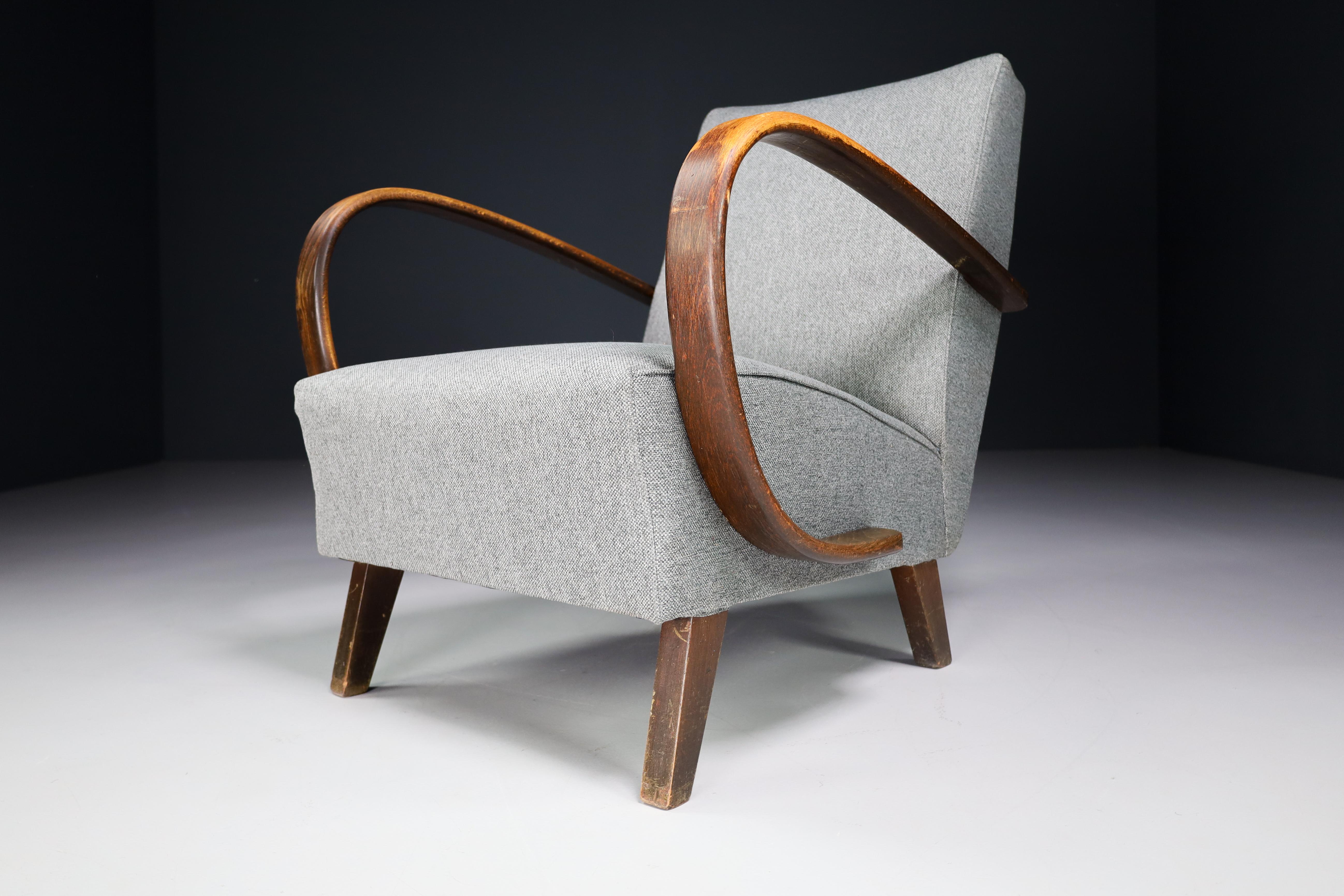 Fabric Jindrich Halabala Re-Upholstered Patinated Bentwood Armchairs