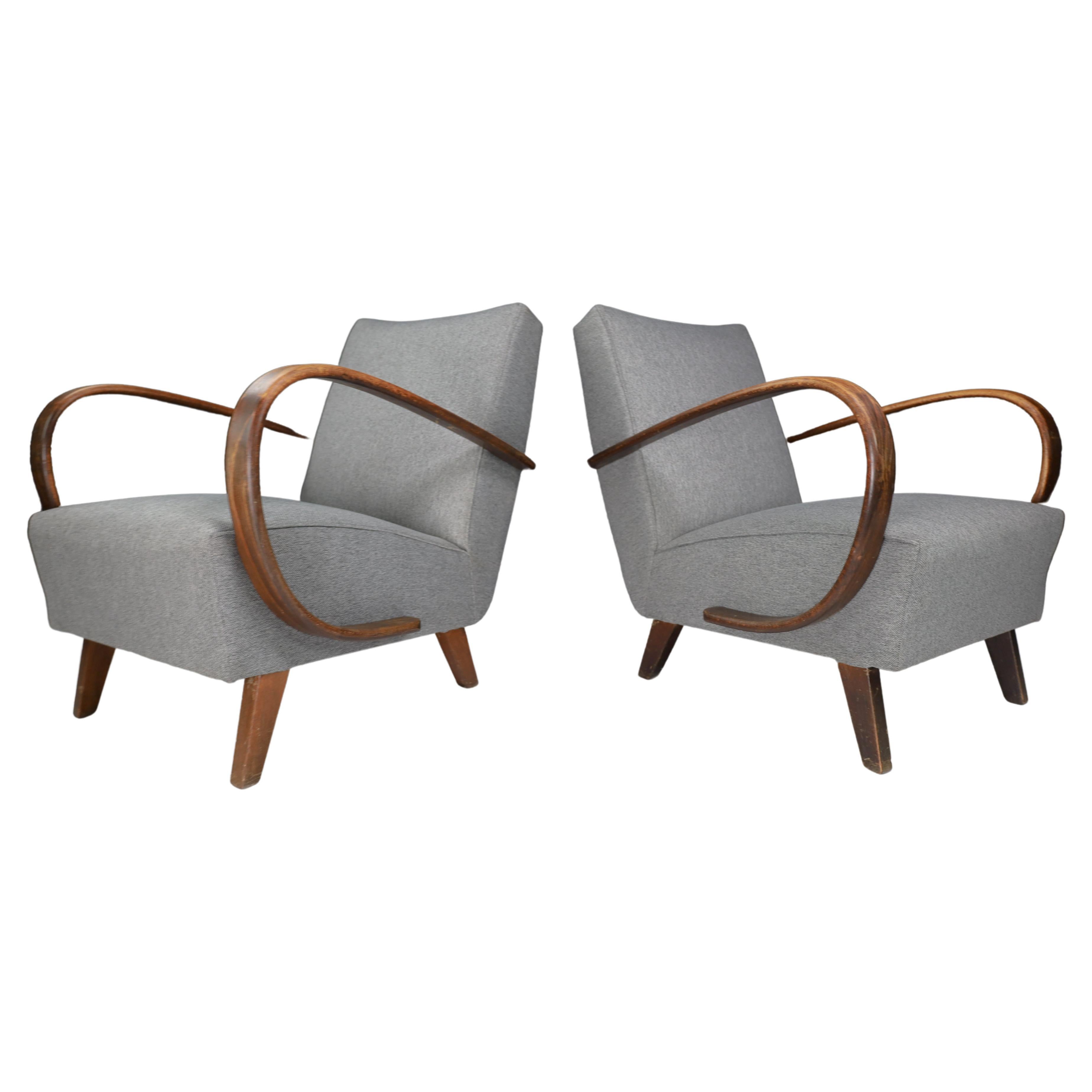 Jindrich Halabala Re-Upholstered Patinated Bentwood Armchairs