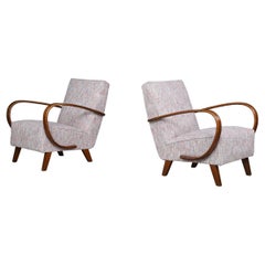 Jindrich Halabala Re-Upholstered Patinated Bentwood Lounge Chairs, 1940s