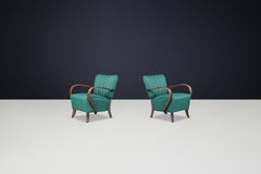 JIndrich Halabala re-upholstered patinated bentwood lounge chairs from the 1930s