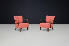 JIndrich Halabala re-upholstered patinated bentwood lounge chairs from the 1930s