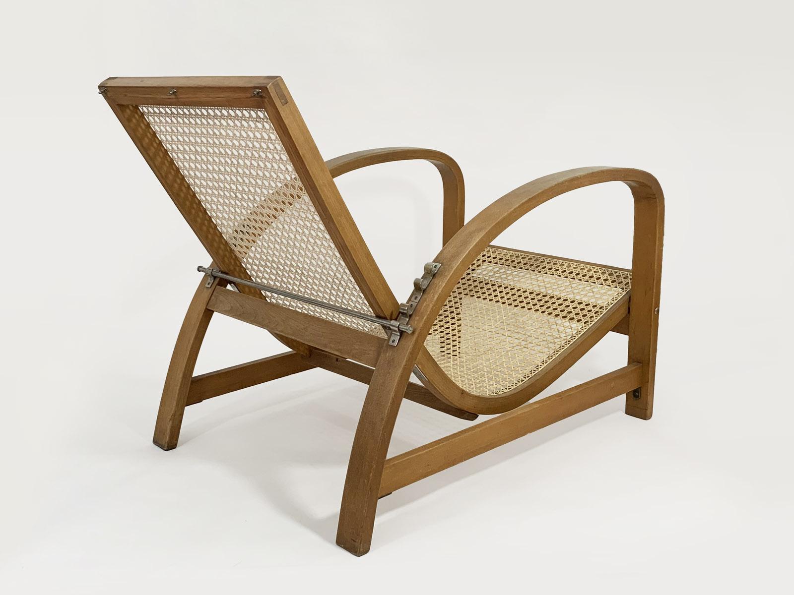 Art Deco Jindrich Halabala Reclining Chair in Wood and Cane, 1930s For Sale