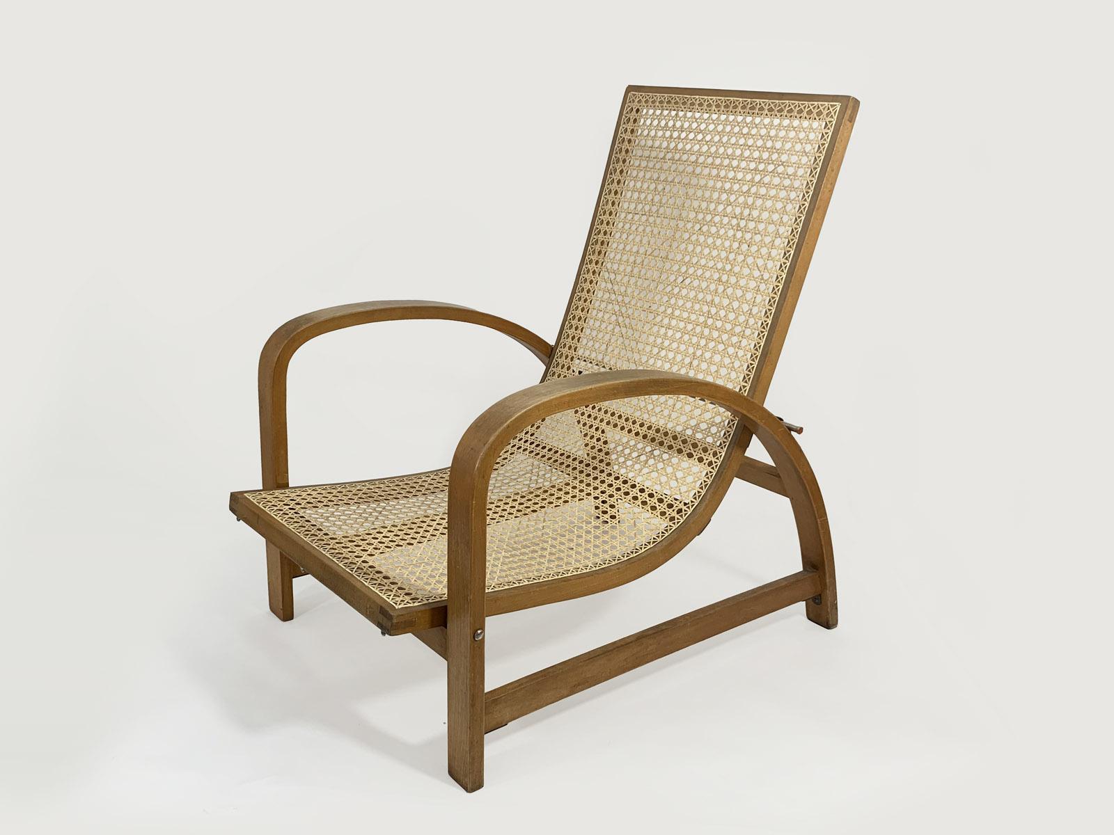 Czech Jindrich Halabala Reclining Chair in Wood and Cane, 1930s For Sale