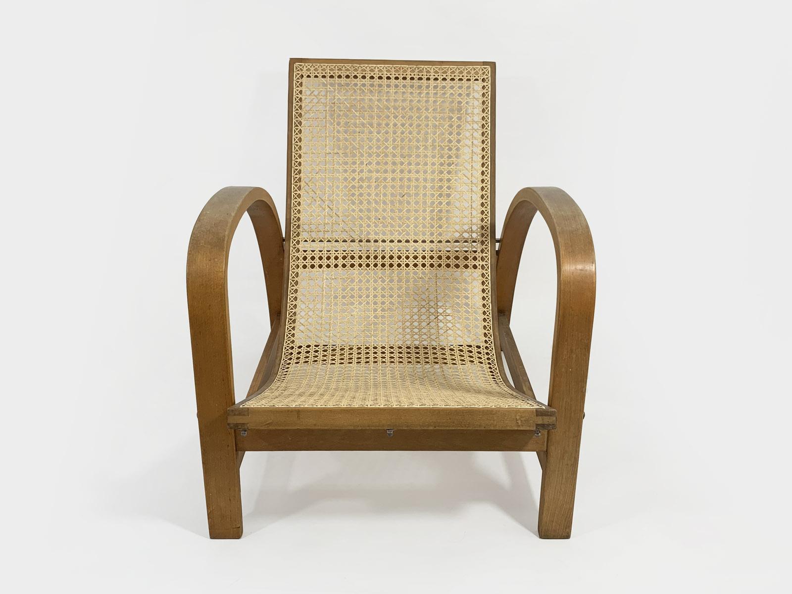 Other Jindrich Halabala Reclining Chair in Wood and Cane, 1930s For Sale