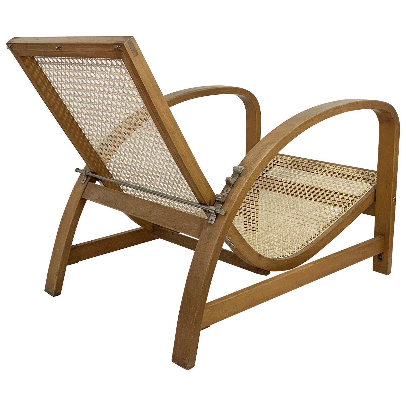 Jindrich Halabala Reclining Chair in Wood and Cane, 1930s For Sale