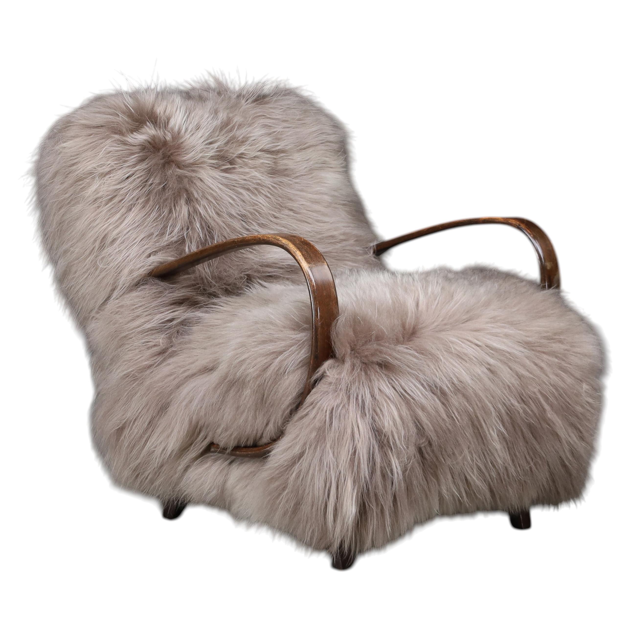 Jindřich Halabala Sheepskin Lounge Chair, Czech Art Deco, 1940s — Sculptural