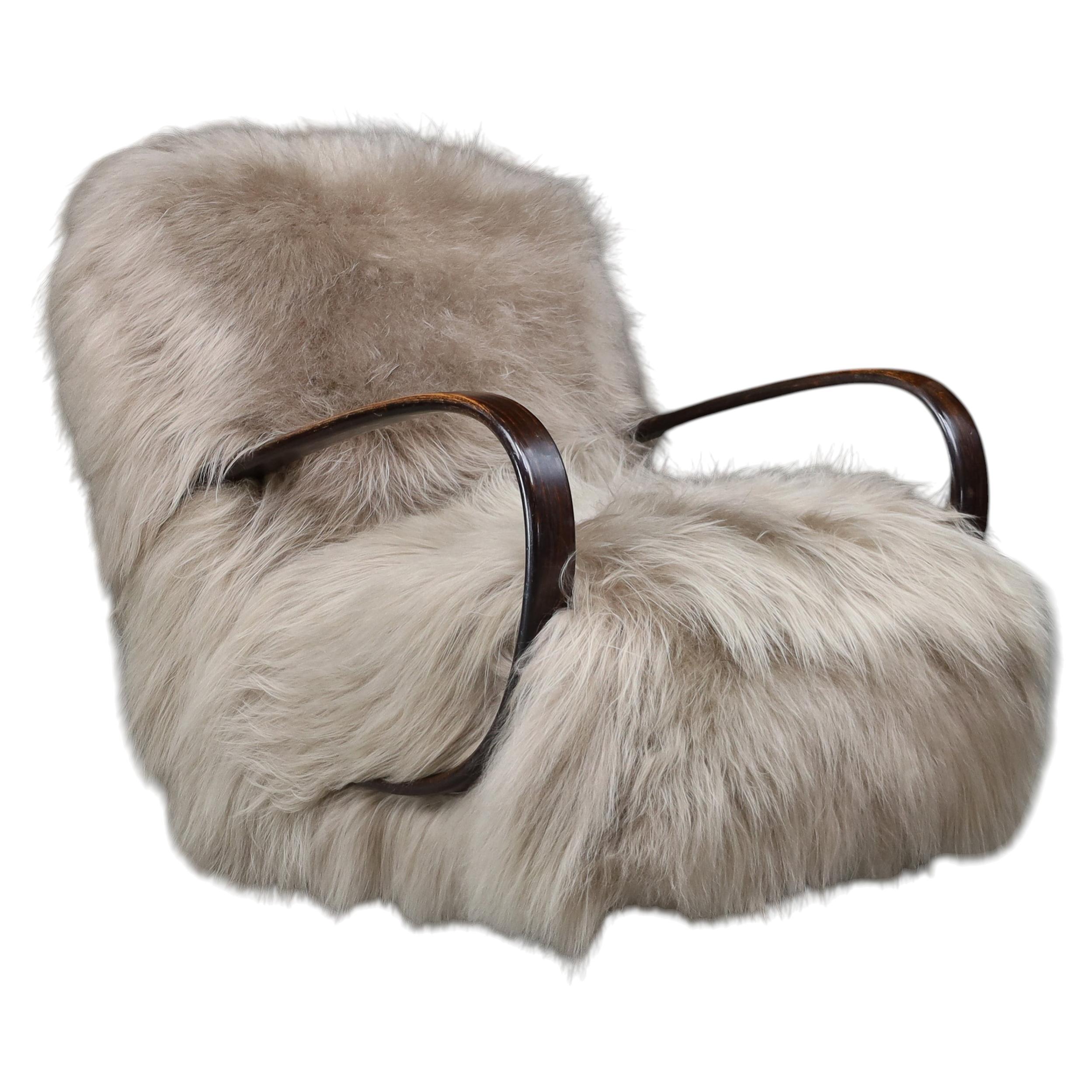 Jindřich Halabala Sheepskin Lounge Chair, Czech Art Deco, 1940s — Sculptural