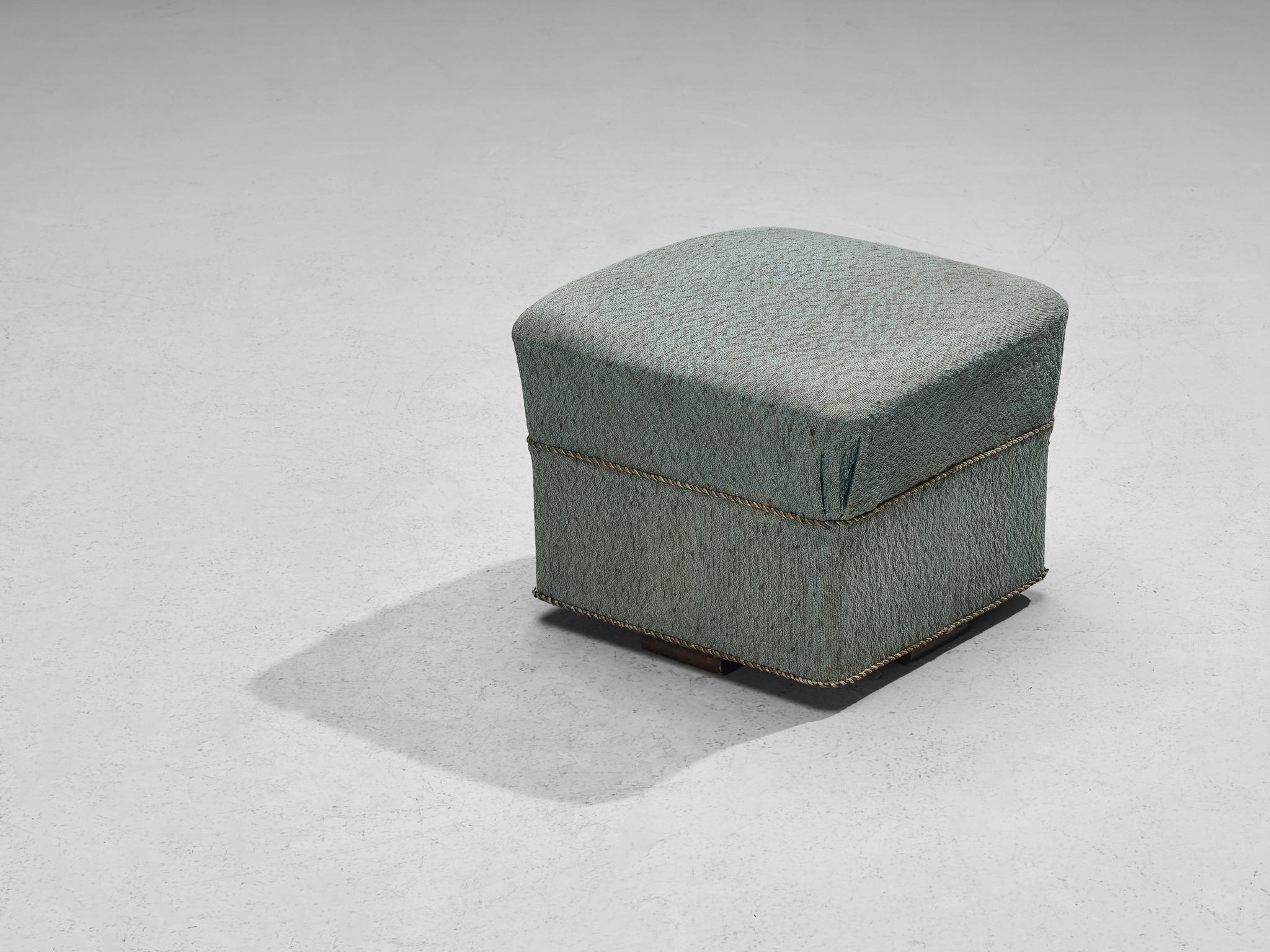 Jindrich Halabala for UP Závody, footstool / tabouret / ottoman, fabric, stained oak, Czech Republic, 1930s.

This poetic pouf is designed in the 1930s when the Art Deco Period was at its highest point and distinguishes itself by means of artistic