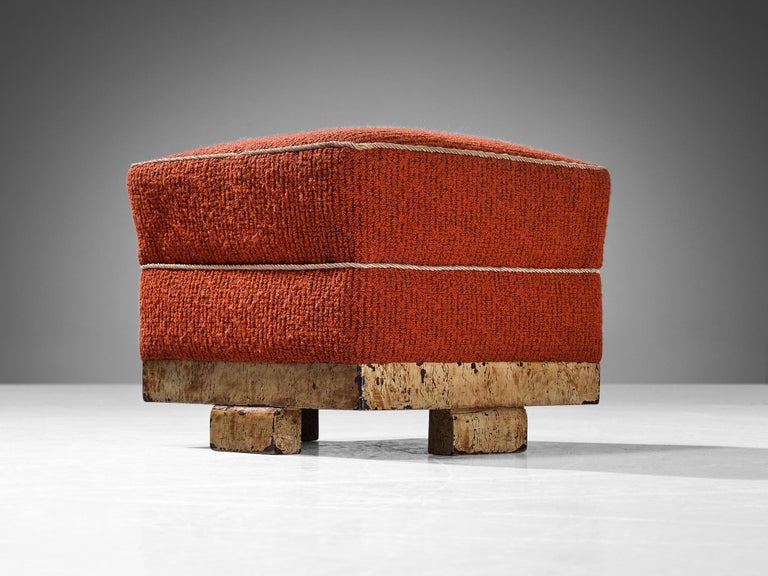 Czech Jindrich Halabala Square Stool in Red Upholstery