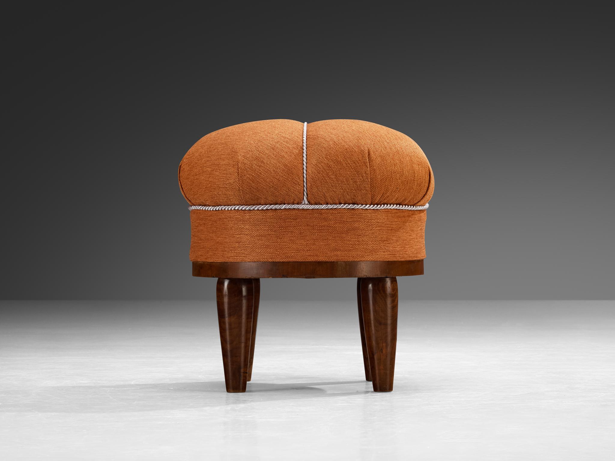 Czech Jindrich Halabala Stool in Decorative Burnt Orange Fabric and Walnut For Sale