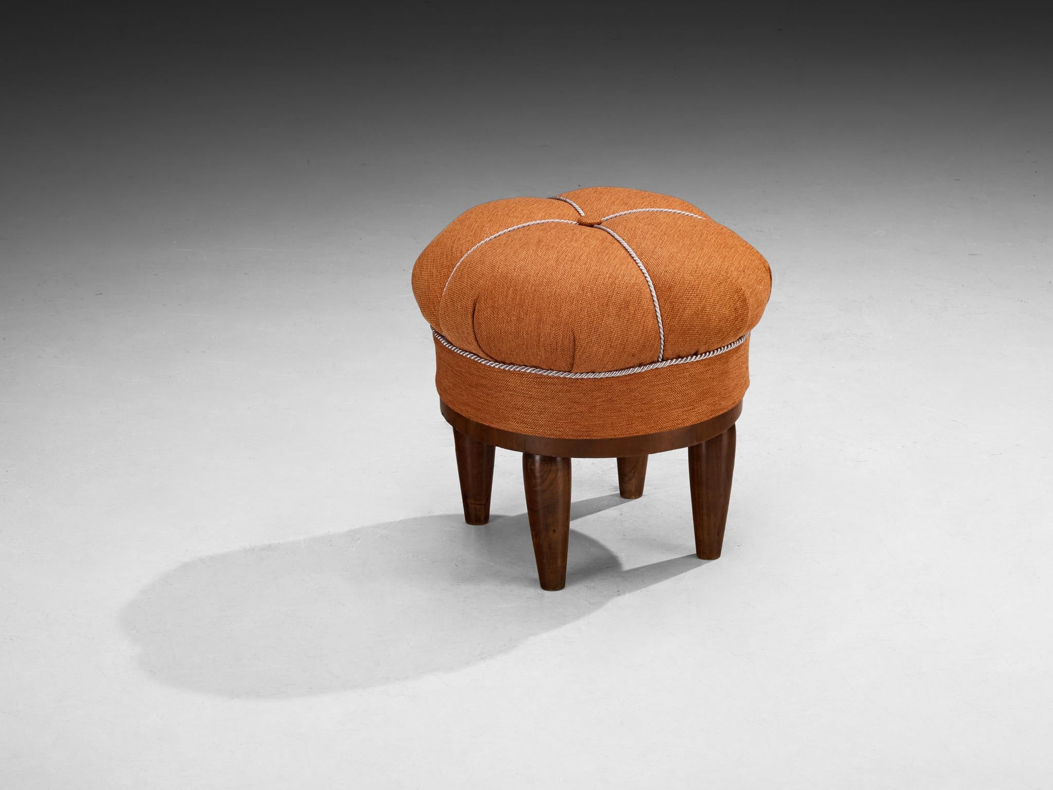 Mid-20th Century Jindrich Halabala Stool in Decorative Burnt Orange Fabric and Walnut For Sale