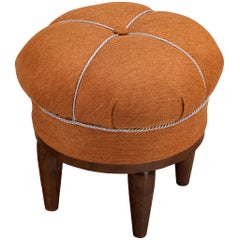 Jindrich Halabala Stool in Decorative Burnt Orange Fabric and Walnut