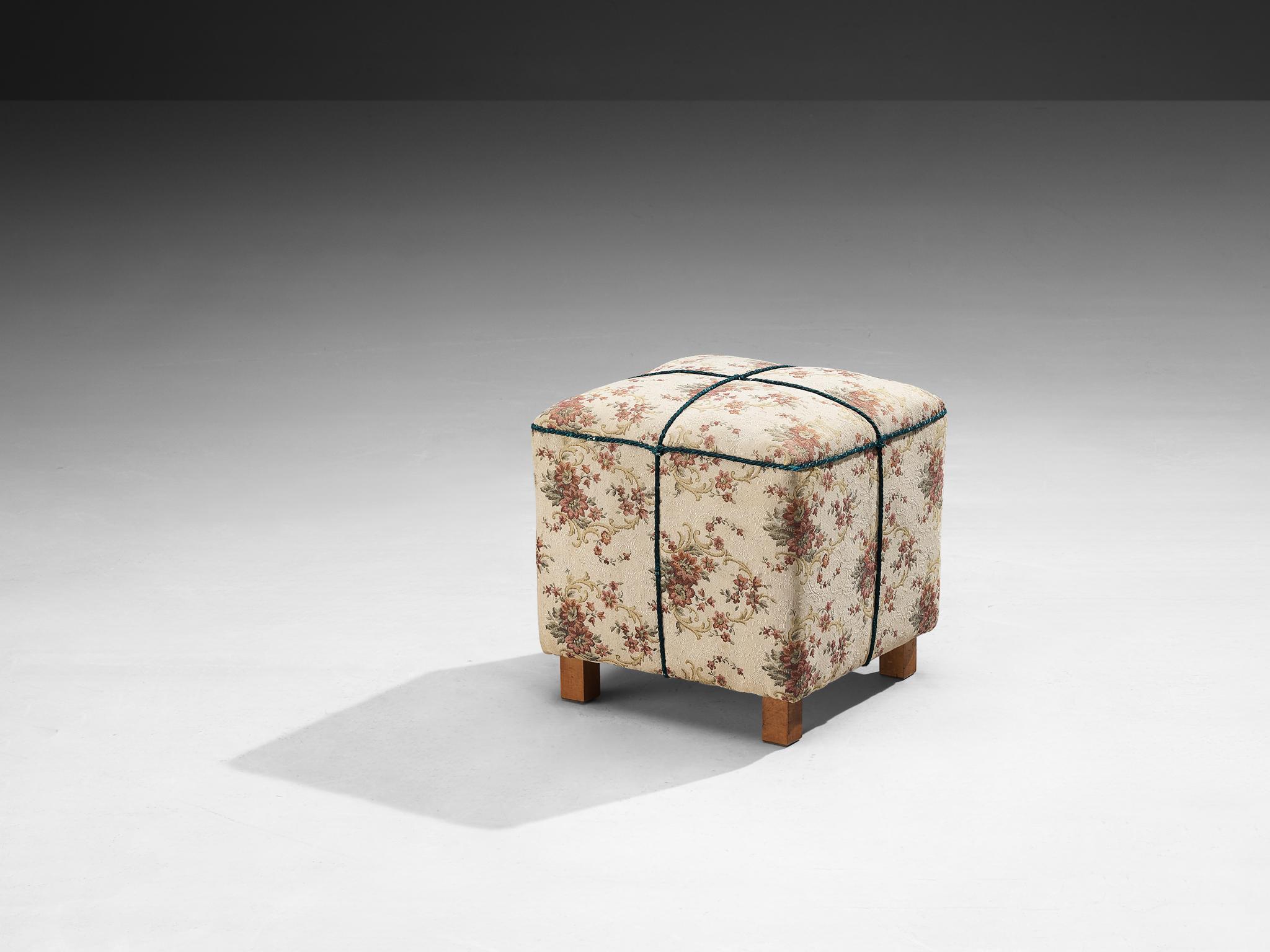 Jindrich Halabala for UP Závody, footstool, tabouret, ottoman, fabric, wood, Czech Republic, 1930s.

This poetic pouf is designed in the 1930s when the Art Deco Period was at its highest point and distinguishes itself by means of artistic upholstery