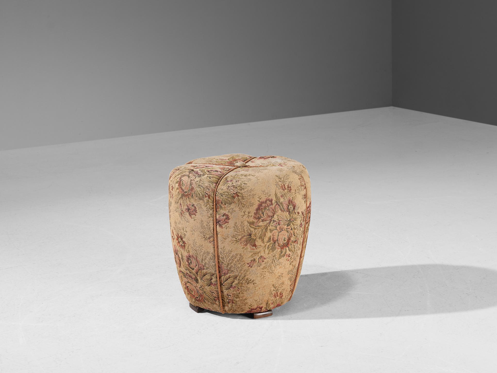 Jindrich Halabala for UP Závody, footstool, tabouret, ottoman or pouf, fabric, stained wood, Czech Republic, 1930s.

This poetic pouf is designed in the 1930s when the Art Deco Period was at its highest point and distinguishes itself by means of