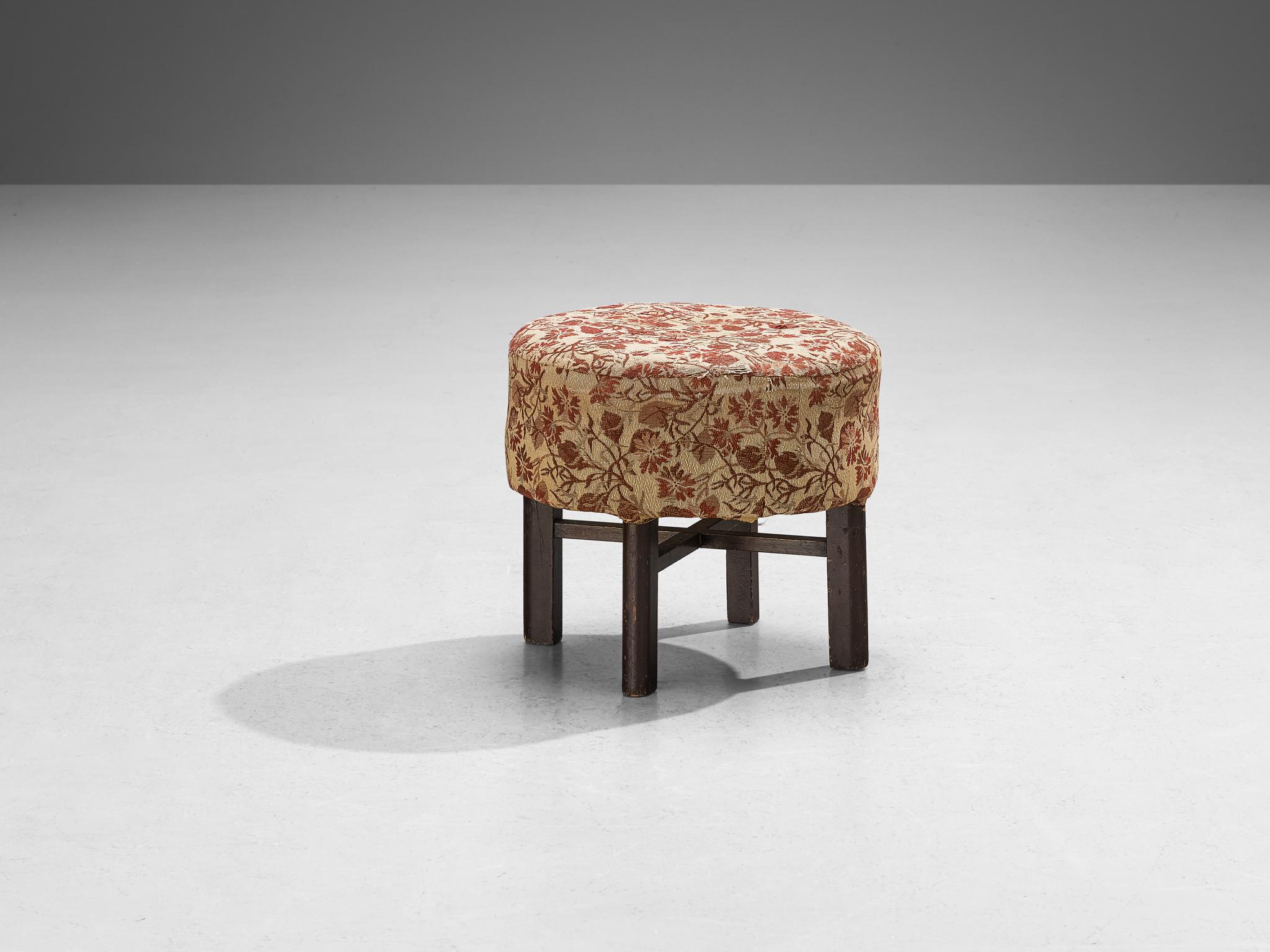 Jindrich Halabala for UP Závody, footstool, tabouret, ottoman, fabric, stained wood, Czech Republic, 1930s.

This poetic pouf is designed in the 1930s when the Art Deco Period was at its highest point and distinguishes itself by means of artistic