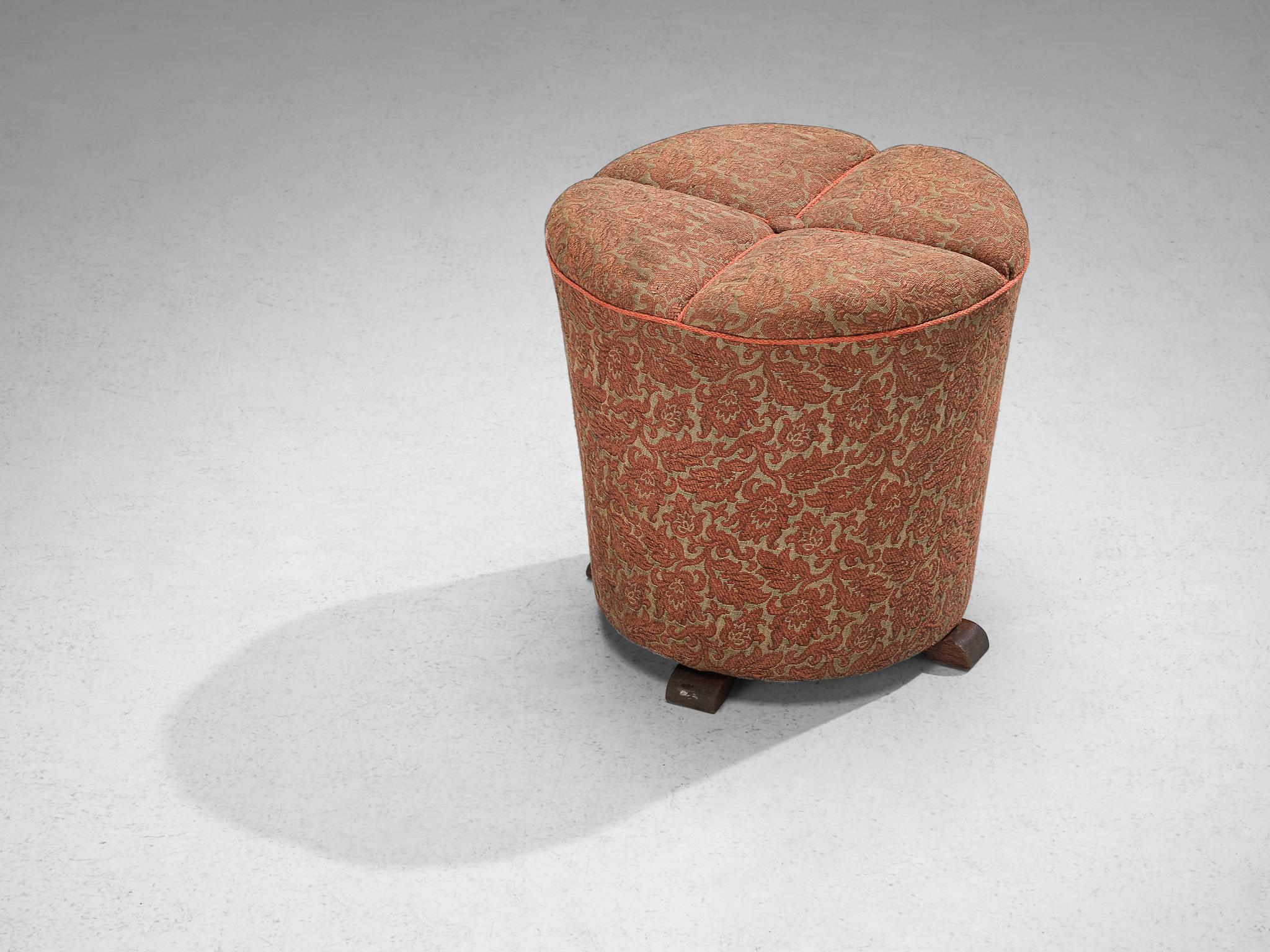 Jindrich Halabala for UP Závody, footstool, tabouret, ottoman, fabric, oak, Czech Republic, 1930s.

This poetic pouf is designed in the 1930s when the Art Deco Period was at its highest point and distinguishes itself by means of artistic upholstery