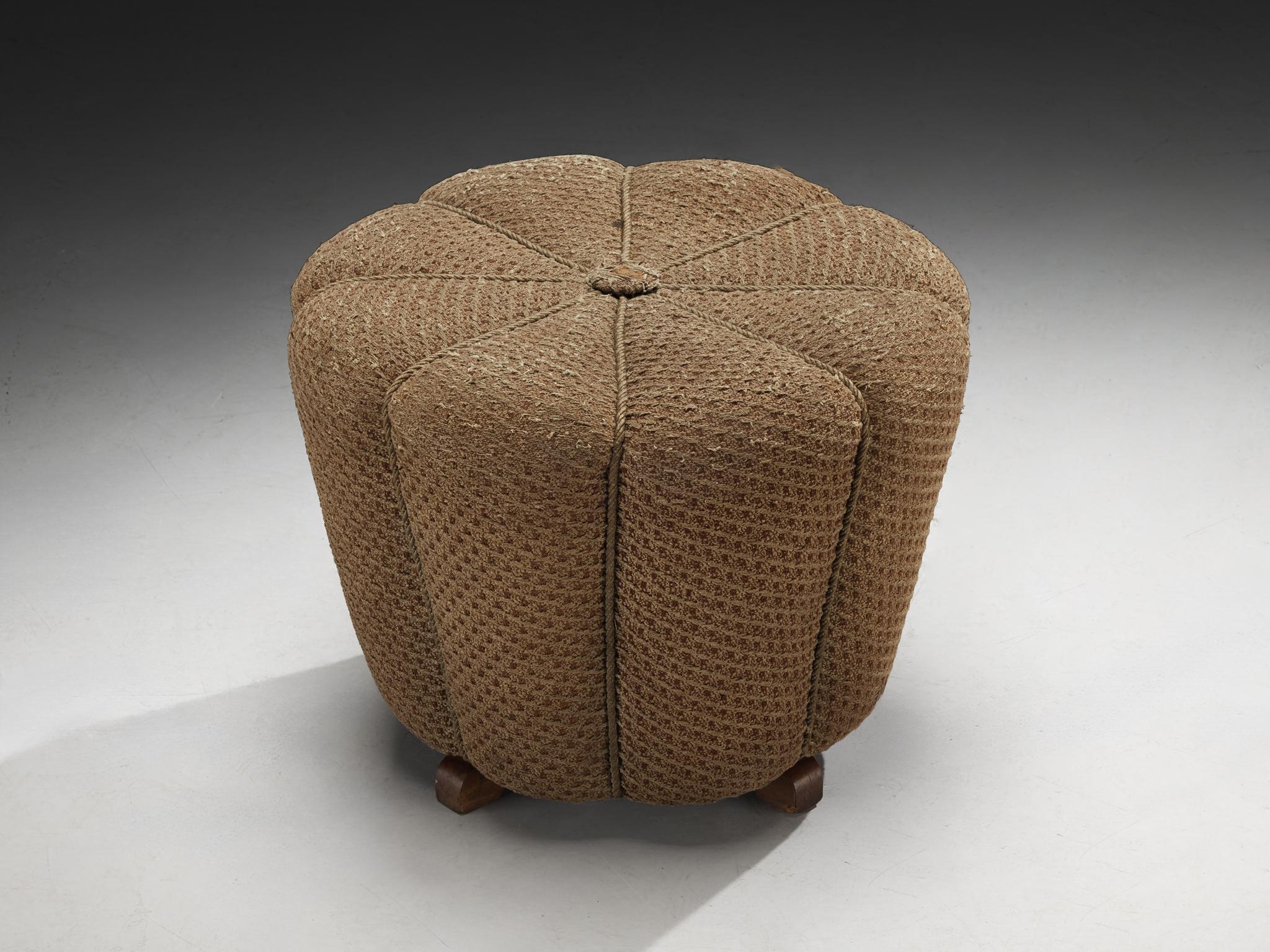 Jindrich Halabala for UP Závody, footstool, tabouret, ottoman, fabric, beech, Czech Republic, 1930s.

This poetic pouf, designed in the 1930s at the height of the Art Deco movement, stands out for its artistic upholstery, which still retains its