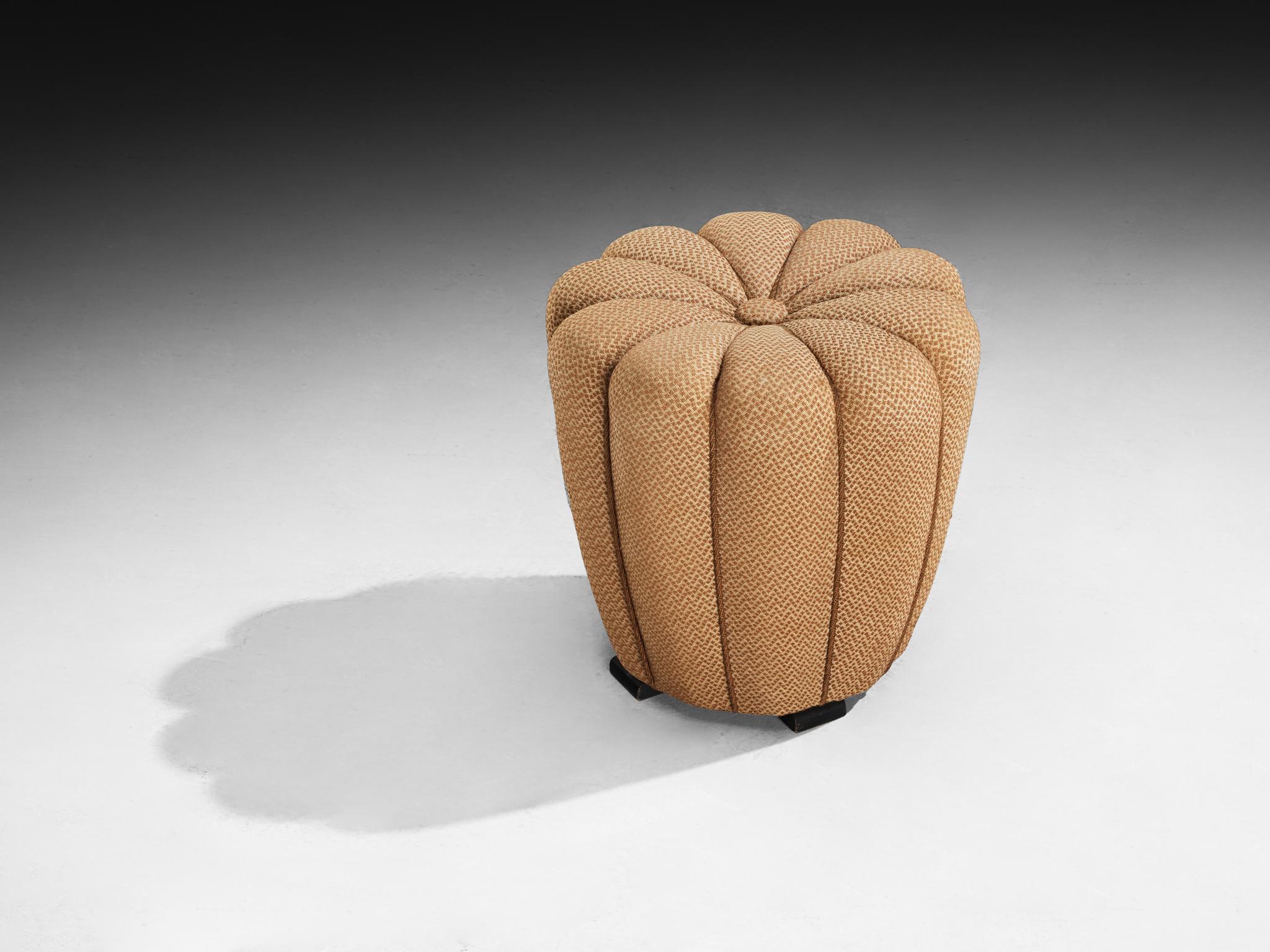 Jindrich Halabala for UP Závody, footstool, tabouret, ottoman, fabric, beech, Czech Republic, 1930s.

This poetic pouf, designed in the 1930s at the height of the Art Deco movement, stands out for its artistic upholstery, which still retains its