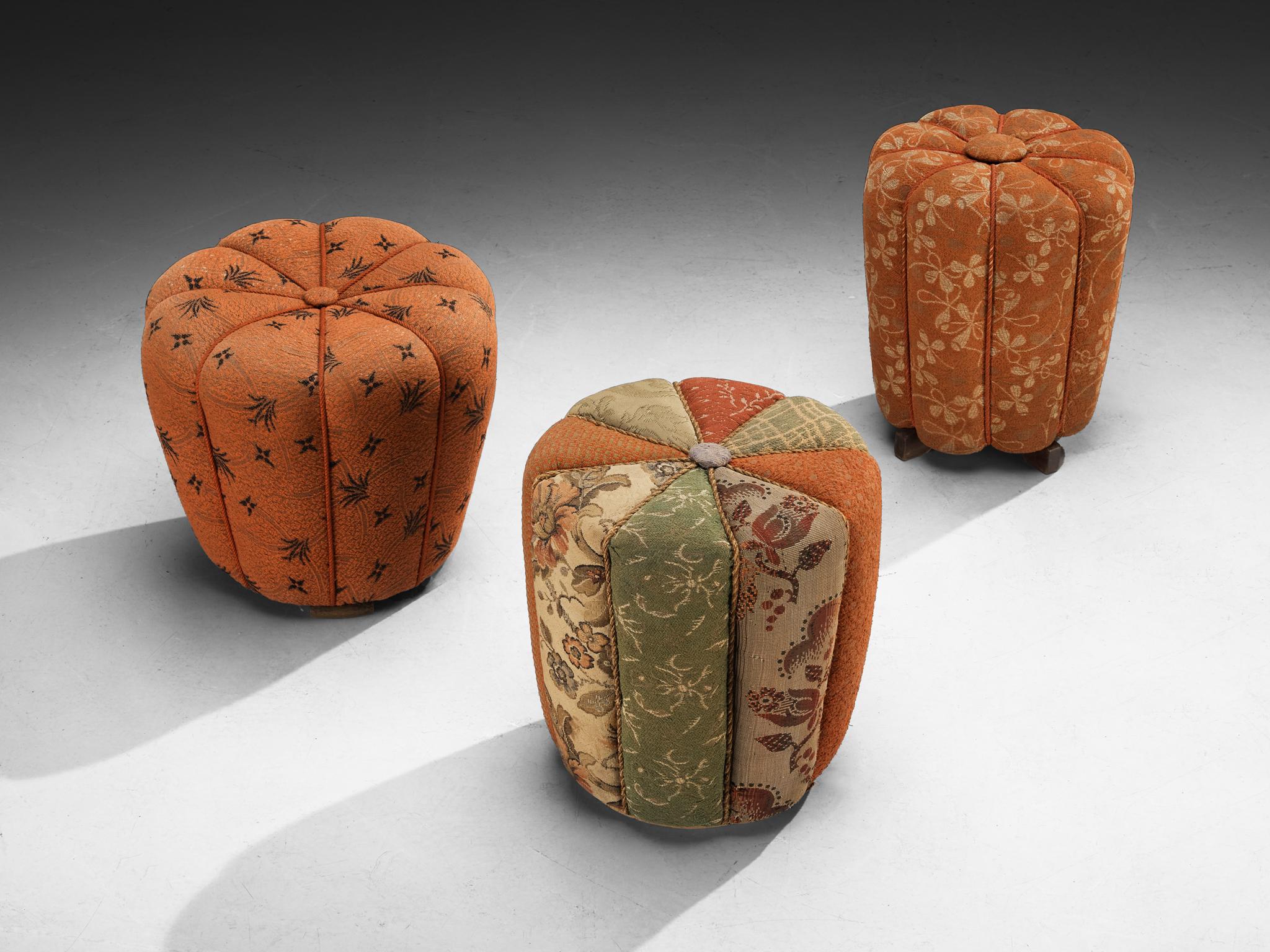 Jindrich Halabala for UP Závody, footstools, tabourets, ottomans, fabric, wood, Czech Republic, 1930s.

This poetic pouf is designed in the 1930s when the Art Deco Period was at its highest point and distinguishes itself by means of artistic