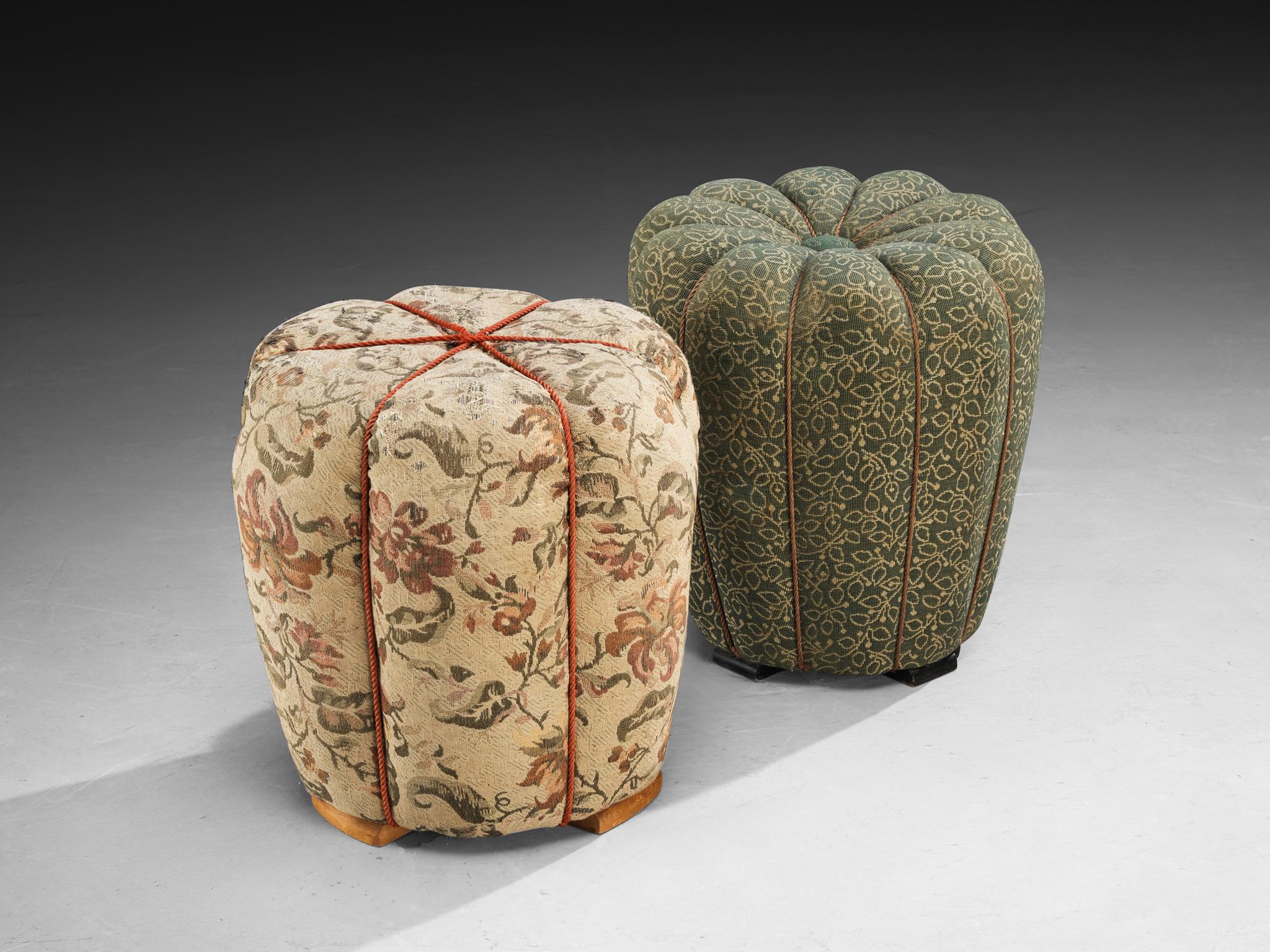 Jindrich Halabala for UP Závody, footstools, tabourets, ottomans, fabric, beech, Czech Republic, 1930s.

This poetic pouf, designed in the 1930s at the height of the Art Deco movement, stands out for its artistic upholstery, which still retains its