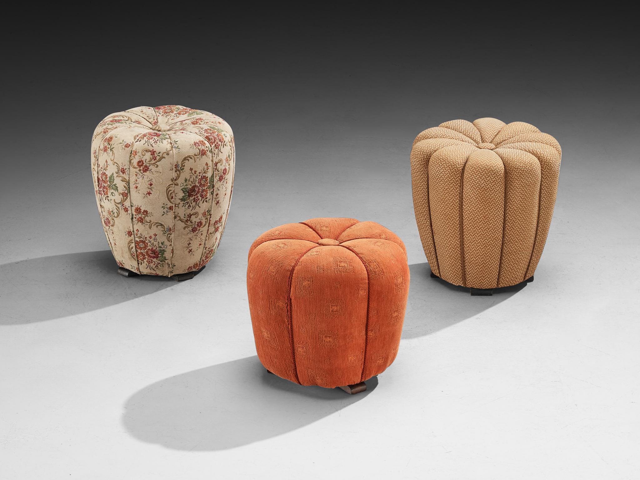 Jindrich Halabala for UP Závody, footstools, tabourets, ottomans, fabric, wood, Czech Republic, 1930s.

This poetic pouf, designed in the 1930s at the height of the Art Deco movement, stands out for its artistic upholstery, which still retains its
