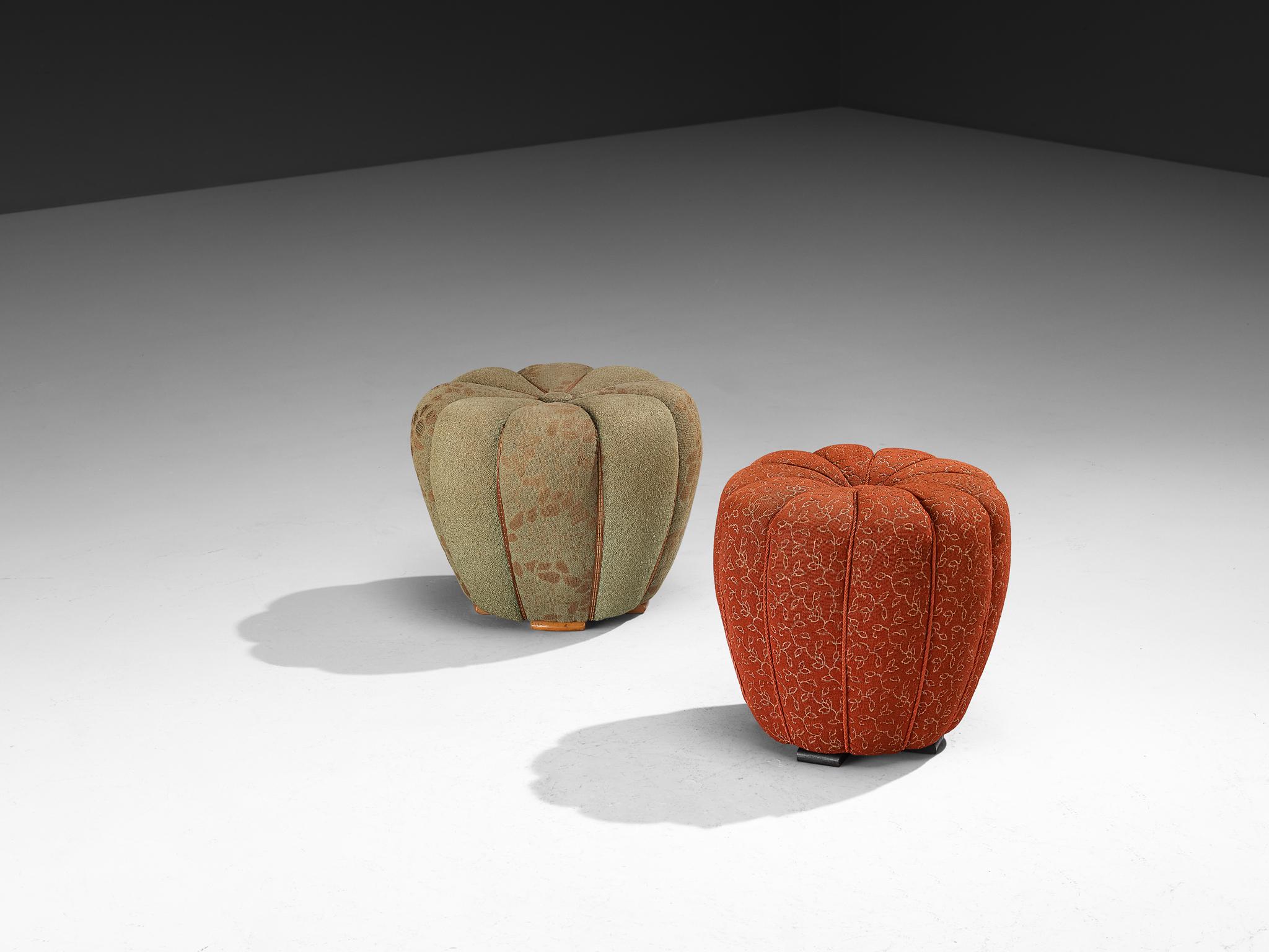 Jindrich Halabala for UP Závody, footstool, tabouret, ottoman, fabric, beech, Czech Republic, 1930s.

This poetic pouf, designed in the 1930s at the height of the Art Deco movement, stands out for its artistic upholstery, which still retains its