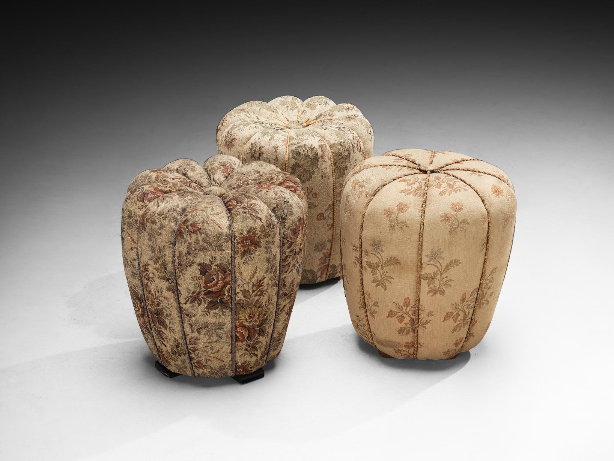 Jindrich Halabala for UP Závody, footstool, tabouret, ottoman, fabric, beech, Czech Republic, 1930s.

This poetic pouf, designed in the 1930s at the height of the Art Deco movement, stands out for its artistic upholstery, which still retains its