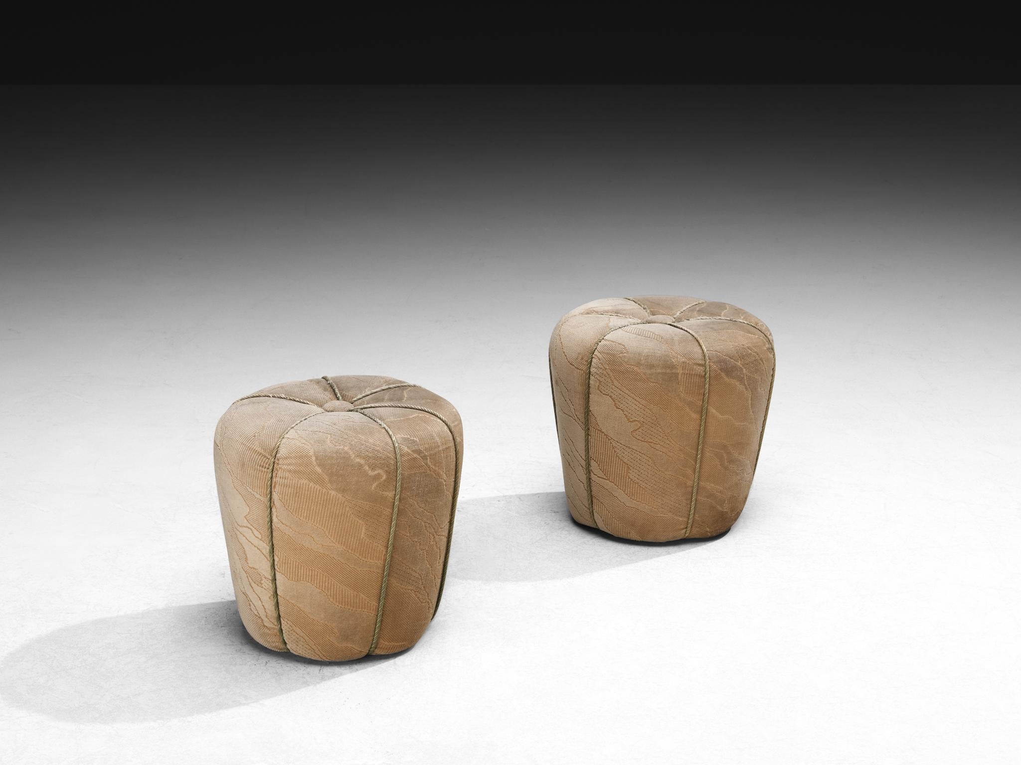Jindrich Halabala for UP Závody, footstool, tabouret, ottoman, fabric, beech, Czech Republic, 1930s.

This poetic pouf, designed in the 1930s at the height of the Art Deco movement, stands out for its artistic upholstery, which still retains its
