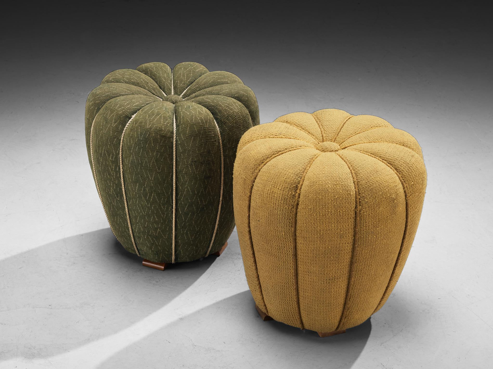 Jindrich Halabala for UP Závody, footstools, tabourets, ottomans, fabric, wood, Czech Republic, 1930s.

This poetic pouf is designed in the 1930s when the Art Deco Period was at its highest point and distinguishes itself by means of artistic
