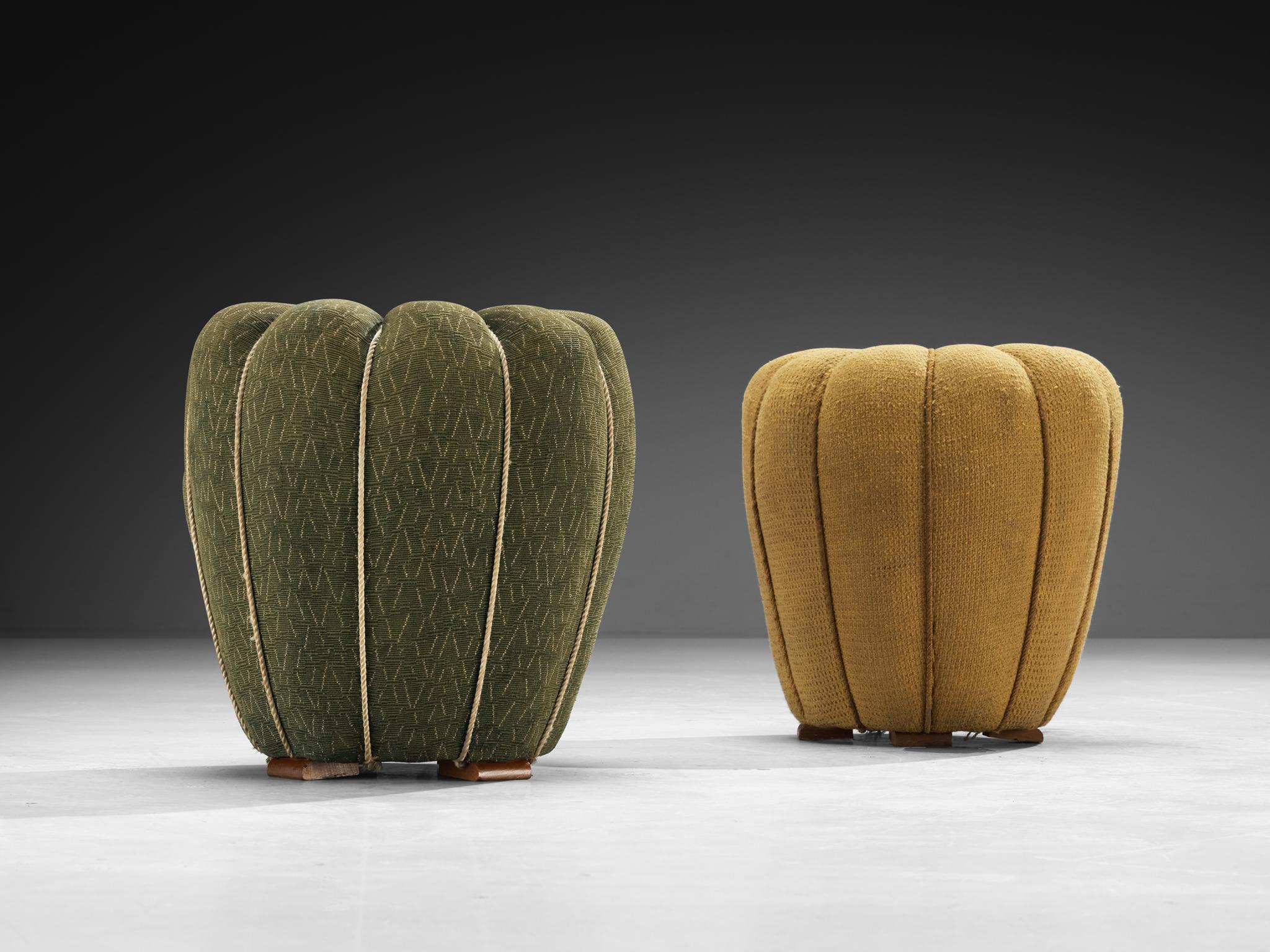 Art Deco Jindrich Halabala Stools in Decorative Yellow and Green Upholstery