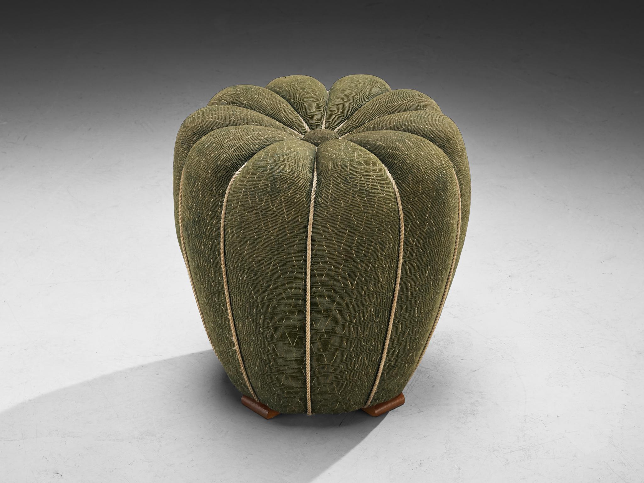 Czech Jindrich Halabala Stools in Decorative Yellow and Green Upholstery