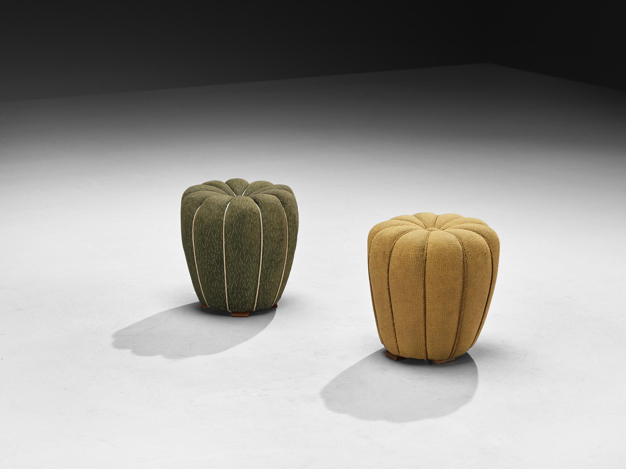 Fabric Jindrich Halabala Stools in Decorative Yellow and Green Upholstery