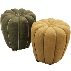 Jindrich Halabala Stools in Decorative Yellow and Green Upholstery