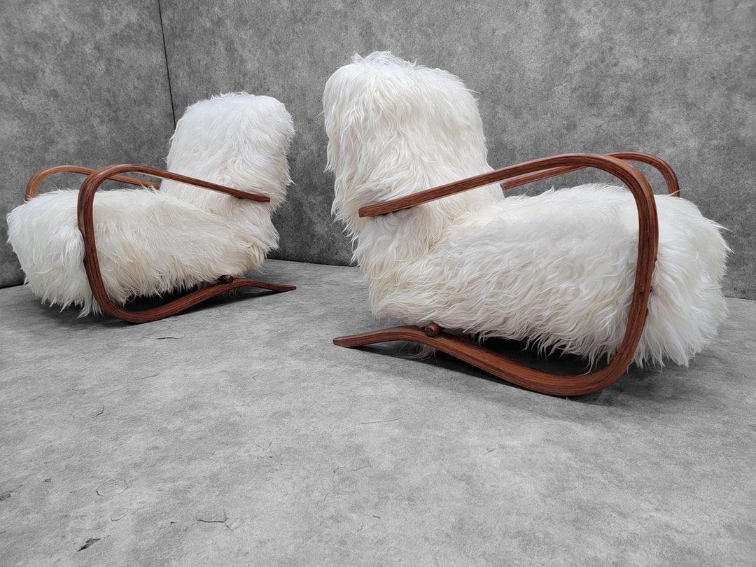 Jindrich Halabala Style Lounge Chairs In Natural Tibetan Lambswool - Pair 3