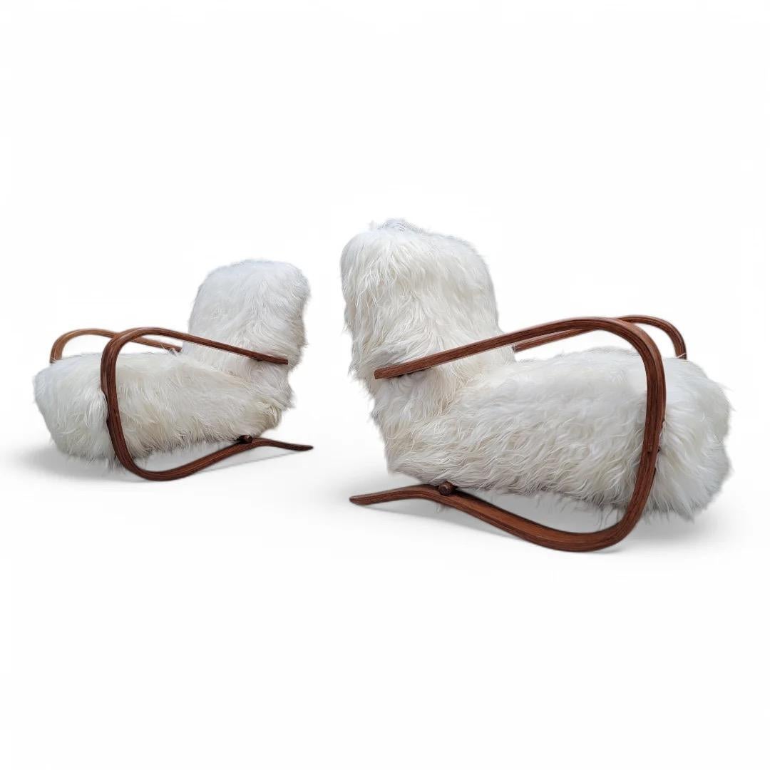 Jindrich Halabala Style Lounge Chairs In Natural Tibetan Lambswool - Pair 4