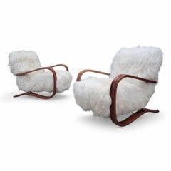 Jindrich Halabala Style Lounge Chairs In Natural Tibetan Lambswool - Pair