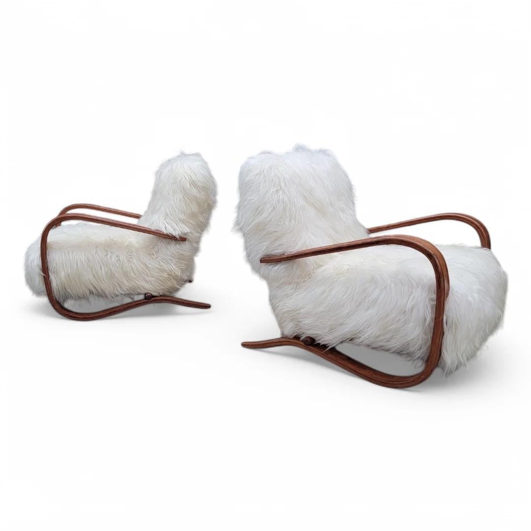 Post-Modern Jindrich Halabala Style Lounge Chairs In Natural Tibetan Lambswool - Pair
