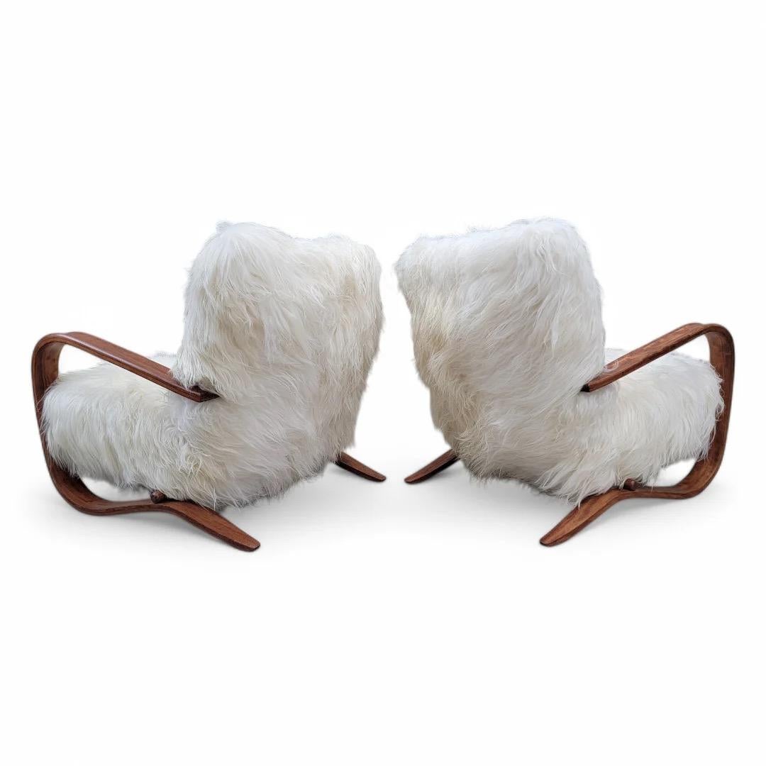 Unknown Jindrich Halabala Style Lounge Chairs In Natural Tibetan Lambswool - Pair