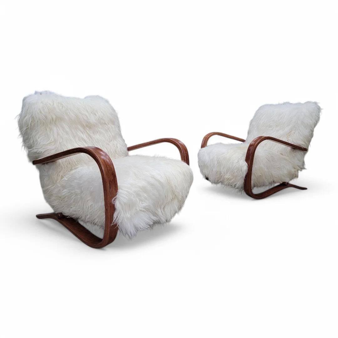 Jindrich Halabala Style Lounge Chairs In Natural Tibetan Lambswool - Pair 1